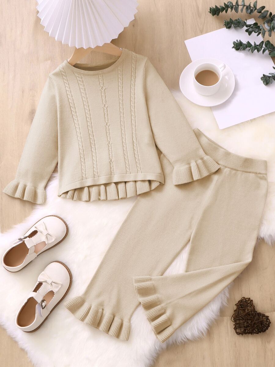Toddler Girls Flounce Sleeve Ruffle Hem Jumper & Knit Trousers - Apricot - View 1