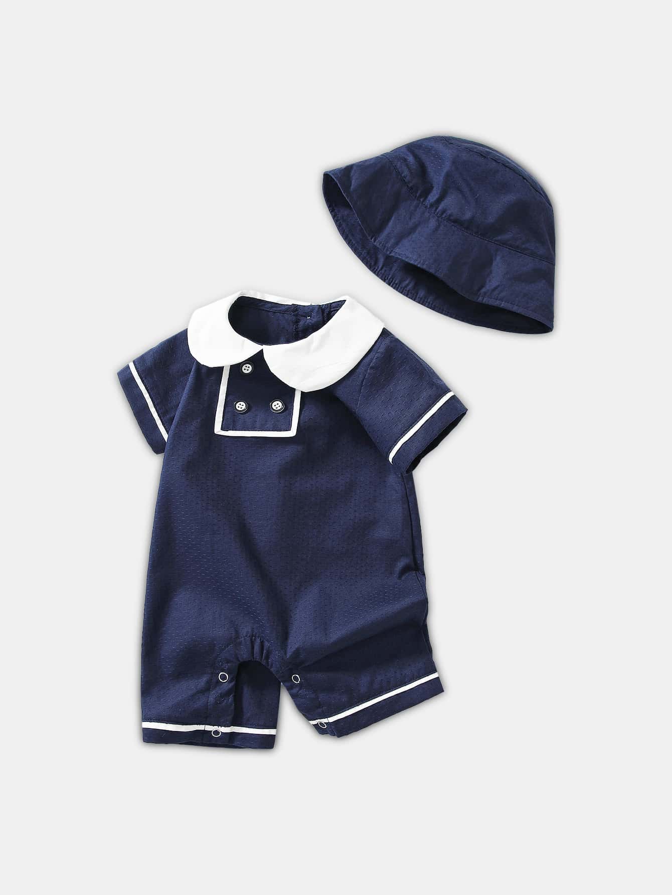 Bộ đồ liền thân tay ngắn cổ Peter Pan phong cách Nhật Bản dễ thương cho bé trai mùa hè, quần áo tập bò - Màu xanh hải quân - Xem 1