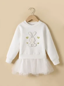 Toddler Girls Rabbit Print Contrast Mesh Sweatshirt Dress - White - View 1