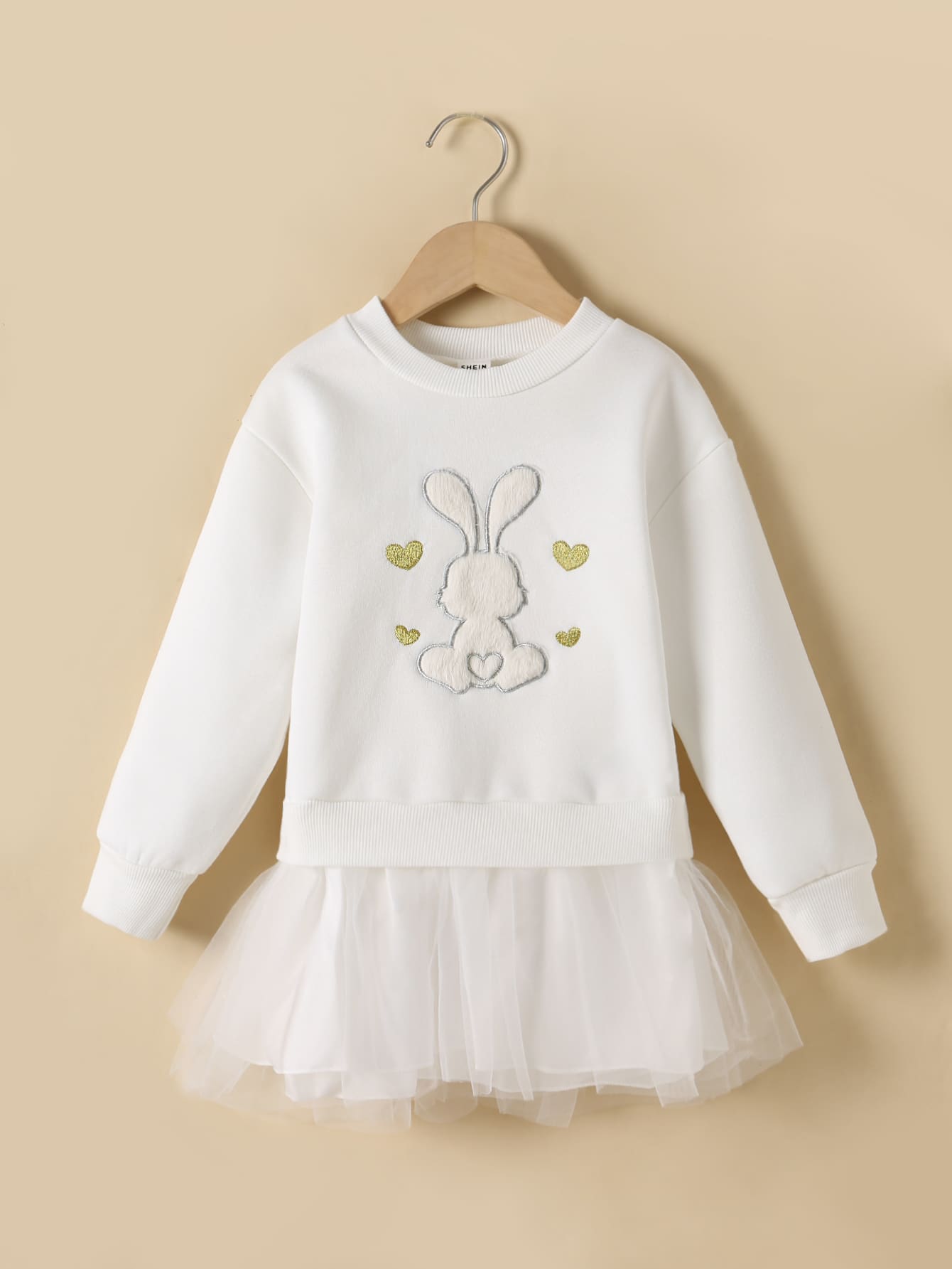 Toddler Girls Rabbit Print Contrast Mesh Sweatshirt Dress - White - View 1