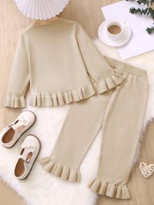 Toddler Girls Flounce Sleeve Ruffle Hem Jumper & Knit Trousers - Apricot - View 2