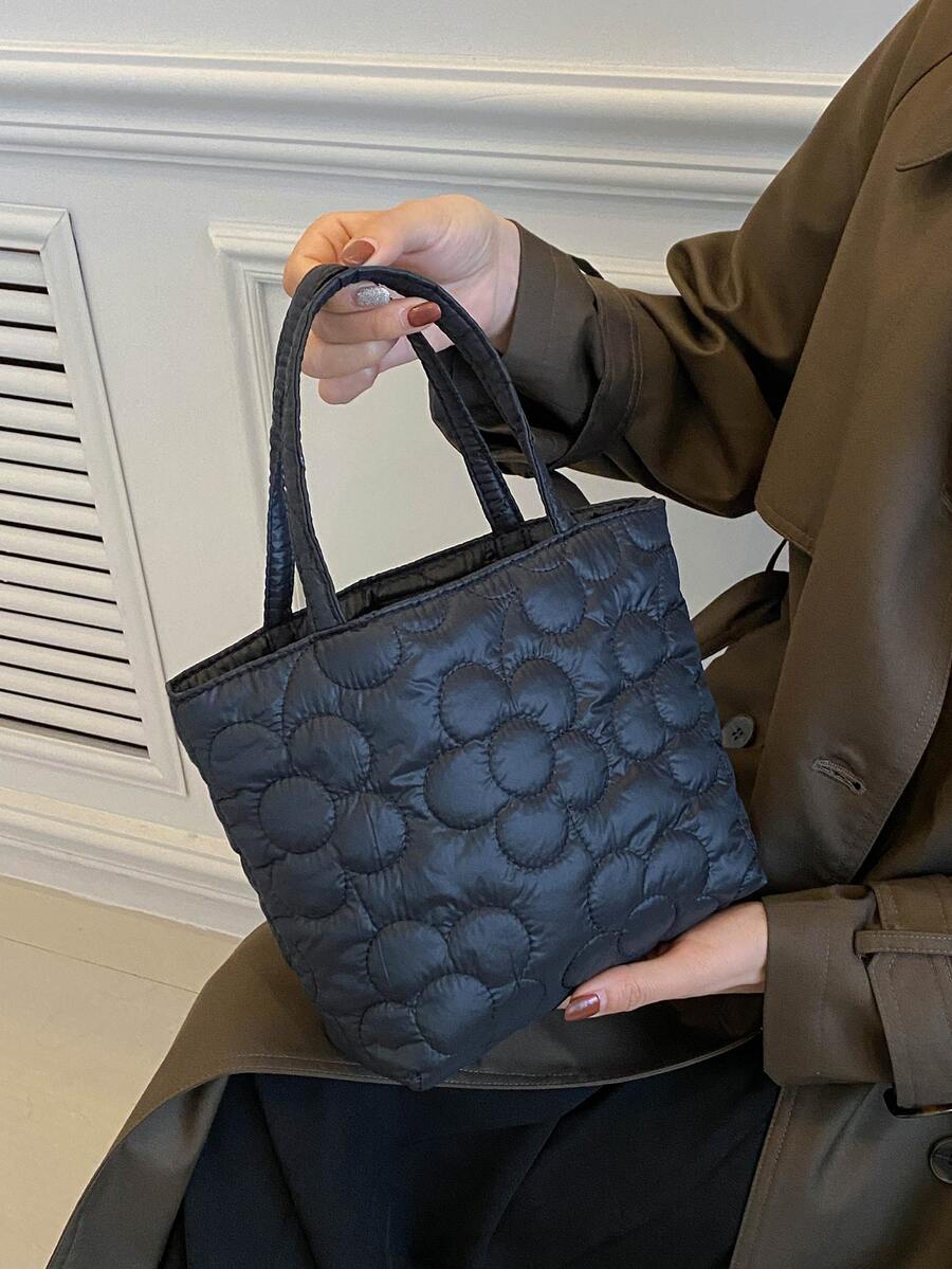 Mini Flower Quilted Double Handle Square Bag - Black - View 1