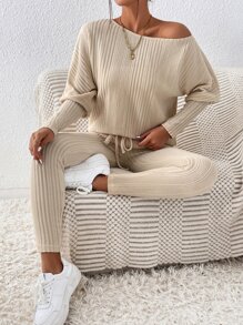 SHEIN Essnce Bộ đồ hai mảnh nữ Dây kéo Gân đan màu trơn Giải trí - Màu be - Xem 1