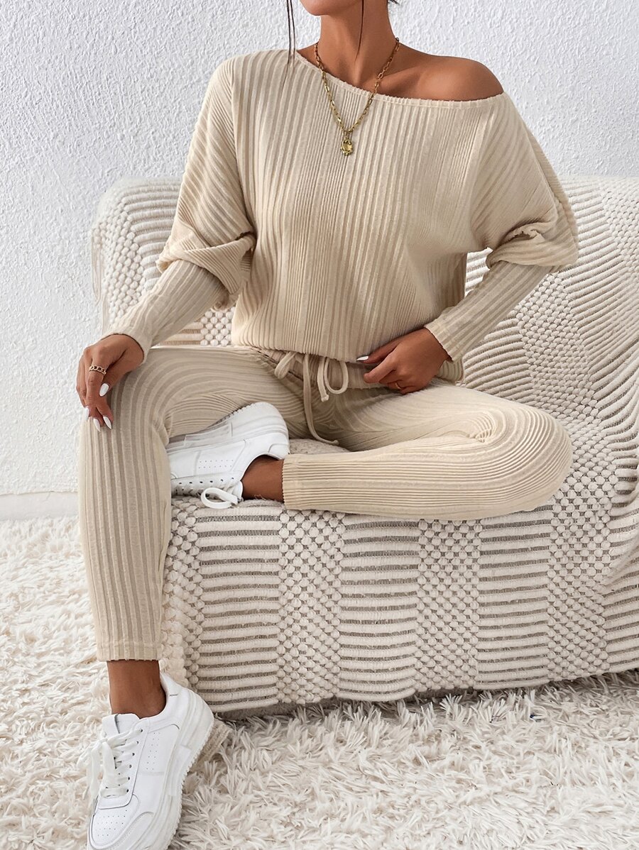 SHEIN Essnce Bộ đồ hai mảnh nữ Dây kéo Gân đan màu trơn Giải trí - Màu be - Xem 1