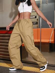 Quần nữ Dây kéo Túi màu trơn Giải trí - Màu Khaki - Xem 4
