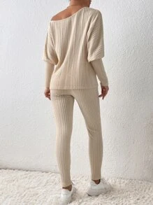 SHEIN Essnce Bộ đồ hai mảnh nữ Dây kéo Gân đan màu trơn Giải trí - Màu be - Xem 2