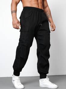 Manfinity Homme Men Flap Pocket Side Drawstring Waist Cargo Trousers - Black - View 1