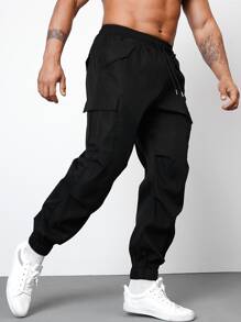 Manfinity Homme Men Flap Pocket Side Drawstring Waist Cargo Trousers - Black - View 5