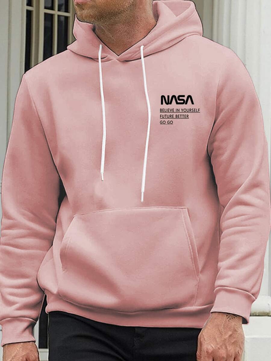 Manfinity Men Plus Letter Graphic Kangaroo Pocket Drawstring Hoodie - Baby Pink - View 1
