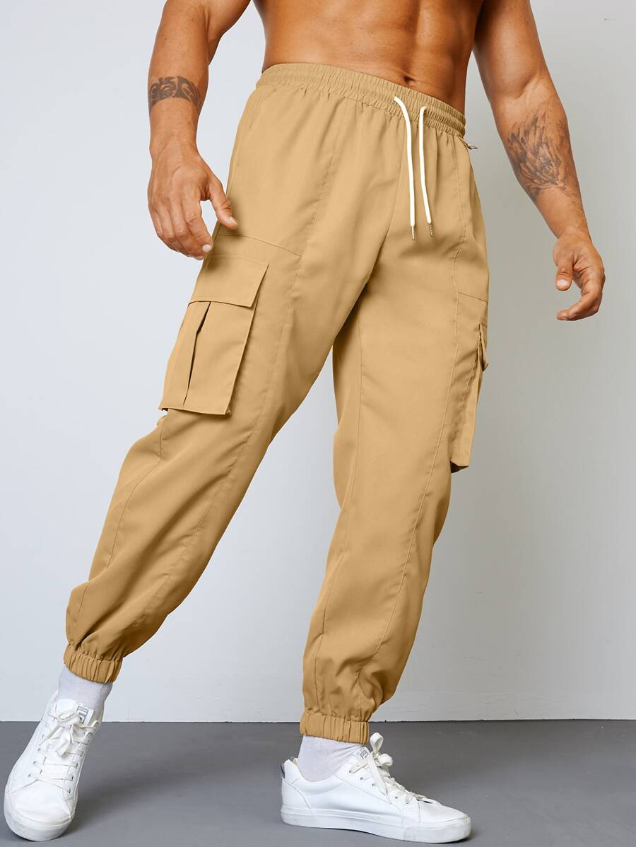 Manfinity Hombres Pantalones cargo con bolsillo con solapa de cintura con cordón - Caqui - Ver 1