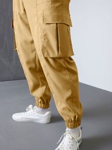 Manfinity Hombres Pantalones cargo con bolsillo con solapa de cintura con cordón - Caqui - Ver 6