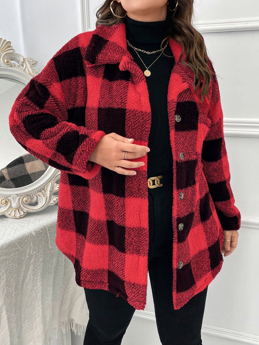SHEIN LUNE Plus Buffalo Plaid Pattern Drop Shoulder Teddy Coat - Multicolor - View 1