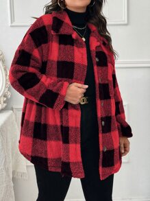 SHEIN LUNE Plus Buffalo Plaid Pattern Drop Shoulder Teddy Coat - Multicolor - View 6