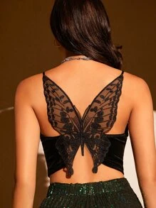 SHEIN BAE Butterfly Embroidery Mesh Back Velvet Cami Top - Black - View 1