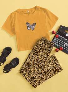 SHEIN 女孩蝴蝶圖案T恤和豹紋褲子 - 彩色 - 查看 1