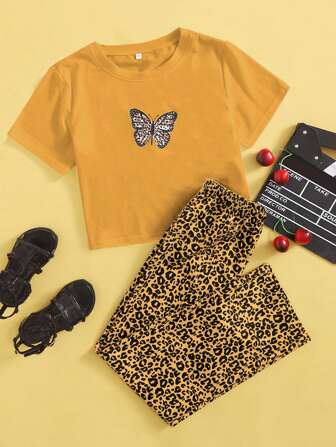 تيشيرت بطباعة فراشة وبنطلون فهد بنات