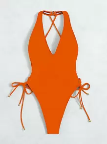 SHEIN Swim Solid Tie Side Cross Back One Piece Swimsuit, Summer Beach Bathing Suit - Orange - View 3