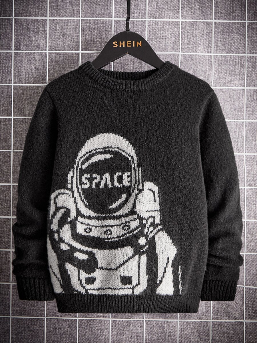 SHEIN Boys Spaceman Pattern Jumper - Black - View 1