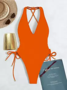 SHEIN Swim Solid Tie Side Cross Back One Piece Swimsuit, Summer Beach Bathing Suit - Orange - View 5