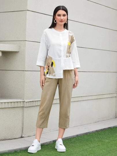 Seusyu Floral Print Drop Shoulder Asymmetrical Hem Blouse & Pants 2 Piece Set