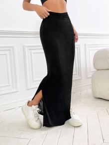 SHEIN EZwear Váy nữ Chia Xù màu trơn Giải trí - màu đen - Xem 5