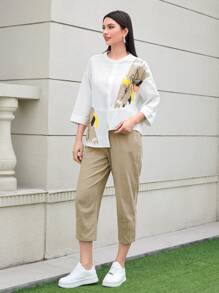 Seusyu Floral Print Drop Shoulder Asymmetrical Hem Blouse & Pants 2 Piece Set - Multicolor - View 4