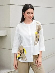 Seusyu Floral Print Drop Shoulder Asymmetrical Hem Blouse & Pants 2 Piece Set - Multicolor - View 5