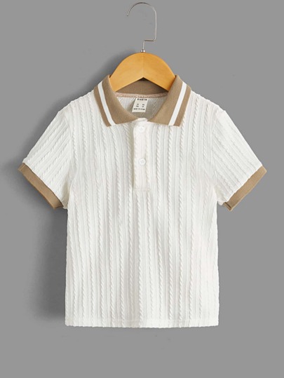 SHEIN Young Boy Striped Color Block Polo Collar Half Placket Short Sleeve Polo Shirt, Casual Everyday Wear, Summer