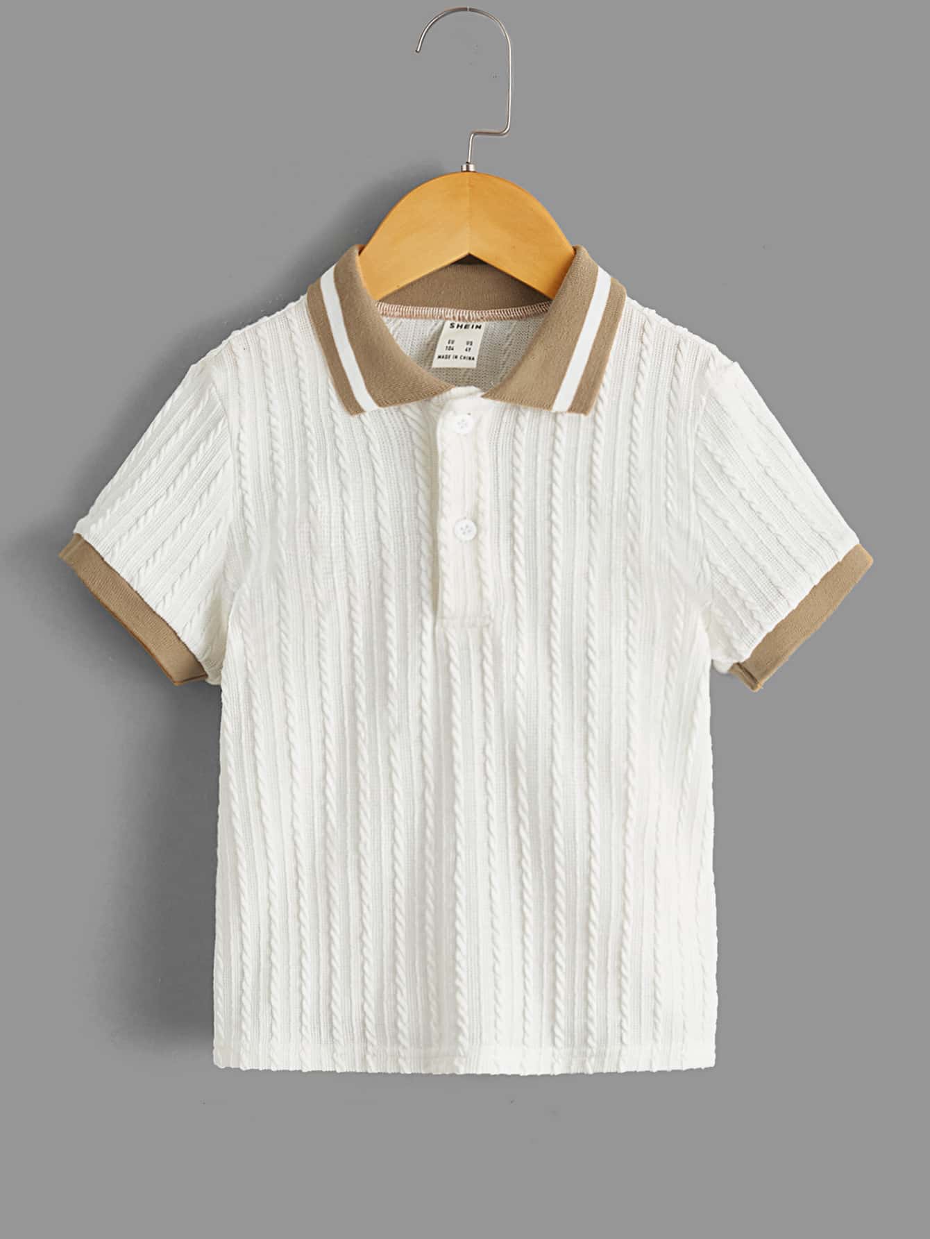 SHEIN 年轻男孩条纹拼色 Polo 领半襟短袖 Polo 衫，休闲日常穿着，夏季 - 白色 - 查看 1
