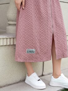 Mulvari Letter Patched Puff Sleeve Drawstring Hoodie Dress - Dusty Pink - View 2