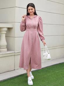 Mulvari Letter Patched Puff Sleeve Drawstring Hoodie Dress - Dusty Pink - View 3