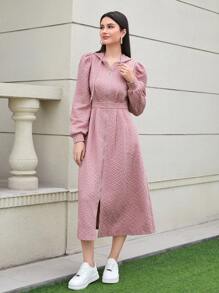 Mulvari Letter Patched Puff Sleeve Drawstring Hoodie Dress - Dusty Pink - View 4