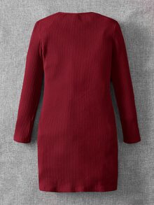 SHEIN Girls Rhinestone Letter & Butterfly Pattern Fitted Dress - Burgundy - View 2