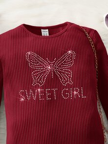 SHEIN Girls Rhinestone Letter & Butterfly Pattern Fitted Dress - Burgundy - View 3