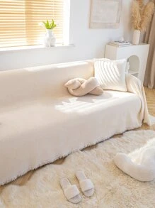 1pc Chenille Solid Color Tasseled Sofa Cover, Woven Crafted Anti-Scratch, Suitable For Living Room, Bedroom, Office, New Home Decor, Old Sofa Decor, Fits 1/2/3/4 Seater Sofas - Beige - View 2