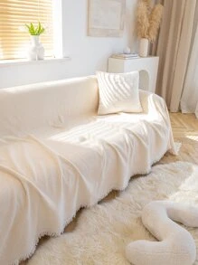 1pc Chenille Solid Color Tasseled Sofa Cover, Woven Crafted Anti-Scratch, Suitable For Living Room, Bedroom, Office, New Home Decor, Old Sofa Decor, Fits 1/2/3/4 Seater Sofas - Beige - View 3