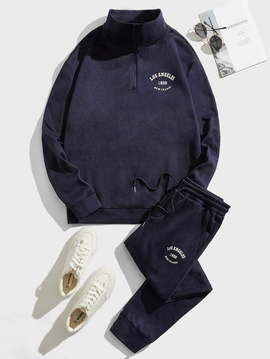 GENTILAND Men Letter Graphic Zip Front Sweatshirt & Joggers - Navy Blue - View 1