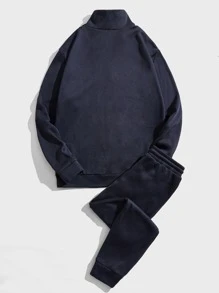 GENTILAND Men Letter Graphic Zip Front Sweatshirt & Joggers - Navy Blue - View 2