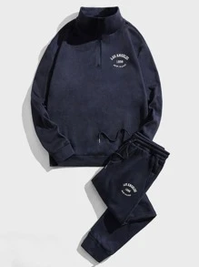 GENTILAND Men Letter Graphic Zip Front Sweatshirt & Joggers - Navy Blue - View 4