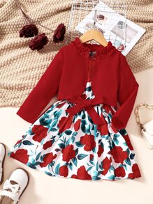 Niñas Vestido con estampado floral & Cazadora ribete con fruncido - Multicolor - Ver 1