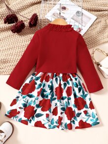 Niñas Vestido con estampado floral & Cazadora ribete con fruncido - Multicolor - Ver 2