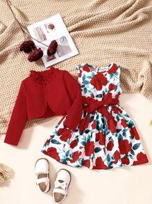 Niñas Vestido con estampado floral & Cazadora ribete con fruncido - Multicolor - Ver 3