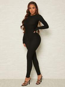 SHEIN SXY Solid Backless Unitard Jumpsuit - Black - View 5