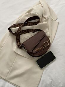 Mini Letter Graphic Crocodile Embossed Flap Saddle Bag - Chocolate Brown - View 4