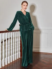 MOTF PREMIUM VELVET PLISSE PEPLUM TOP & Trousers - Dark Green - View 2