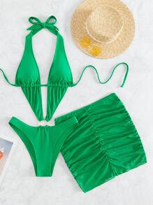 Swim SXY Summer Solid Ring Linked One Piece Swimsuit & Beach Skirt - Green - View 7