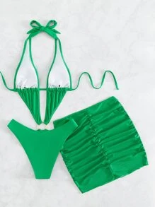 Swim SXY Summer Solid Ring Linked One Piece Swimsuit & Beach Skirt - Green - View 6