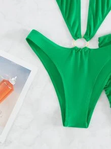 Swim SXY Summer Solid Ring Linked One Piece Swimsuit & Beach Skirt - Green - View 5