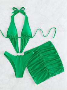 Swim SXY Summer Solid Ring Linked One Piece Swimsuit & Beach Skirt - Green - View 3