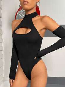SHEIN ICON Cut Out Halter Neck Bodysuit With Arm Sleeves - Black - View 3